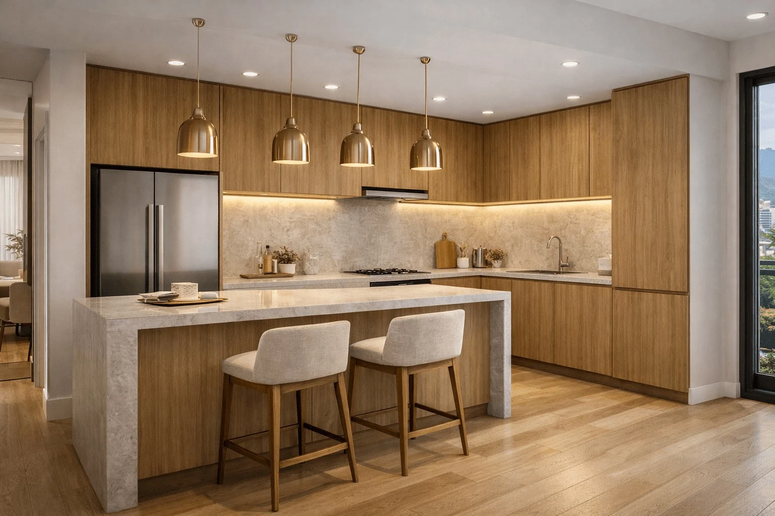Cocina integrada con materiales cálidos